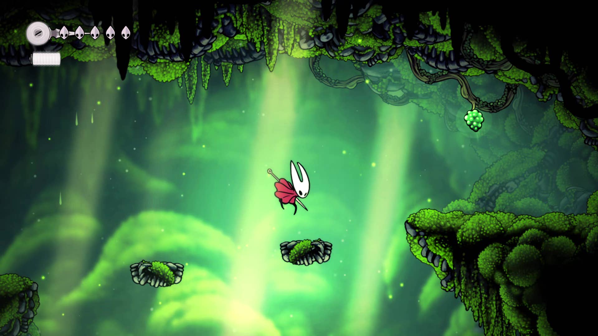 Screenshot of Hollow Knight: Silksong showing the path through the cave of Moss.