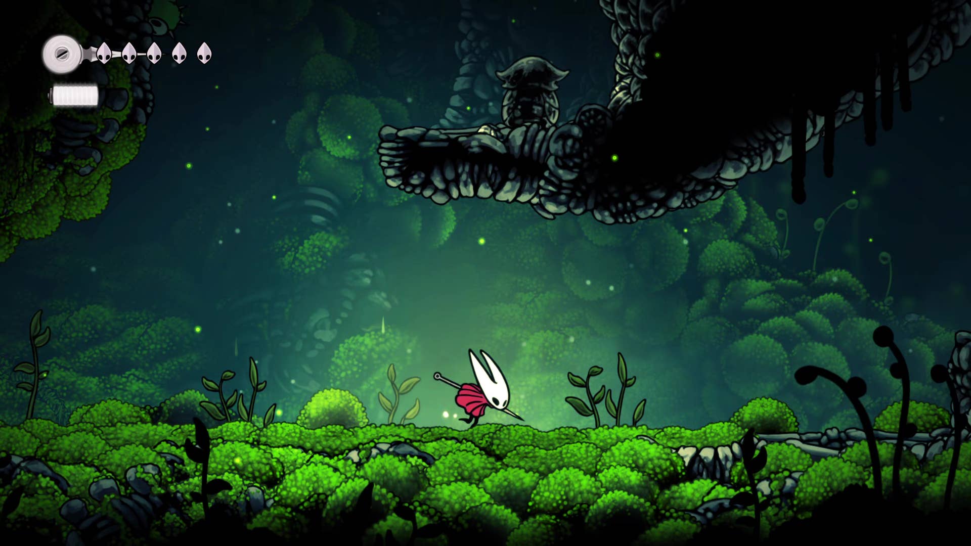 Screenshot of Hollow Knight: Silksong showing the path through the cave of Moss.
