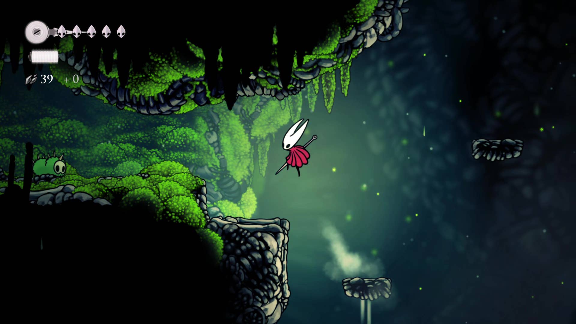 Screenshot of Hollow Knight: Silksong showing the path through the cave of Moss.
