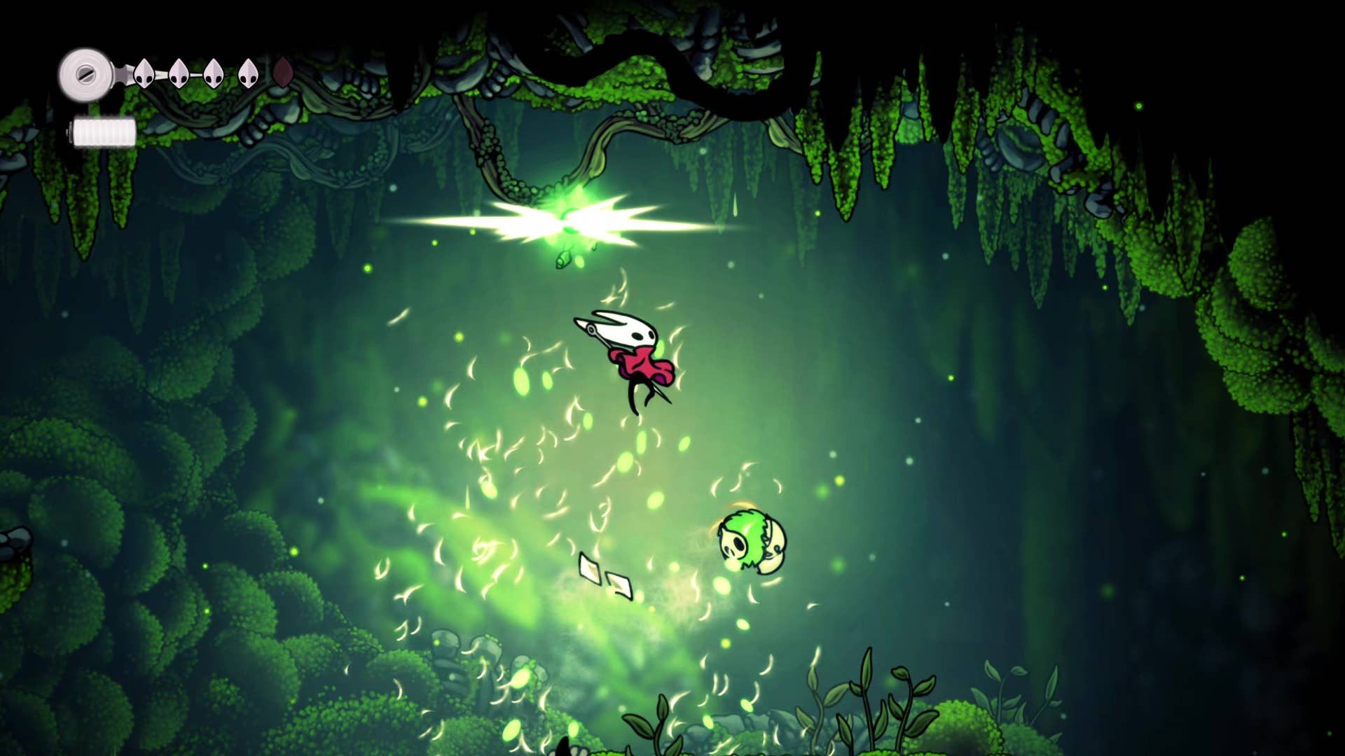 Screenshot of Hollow Knight: Silksong showing the path through the cave of Moss.