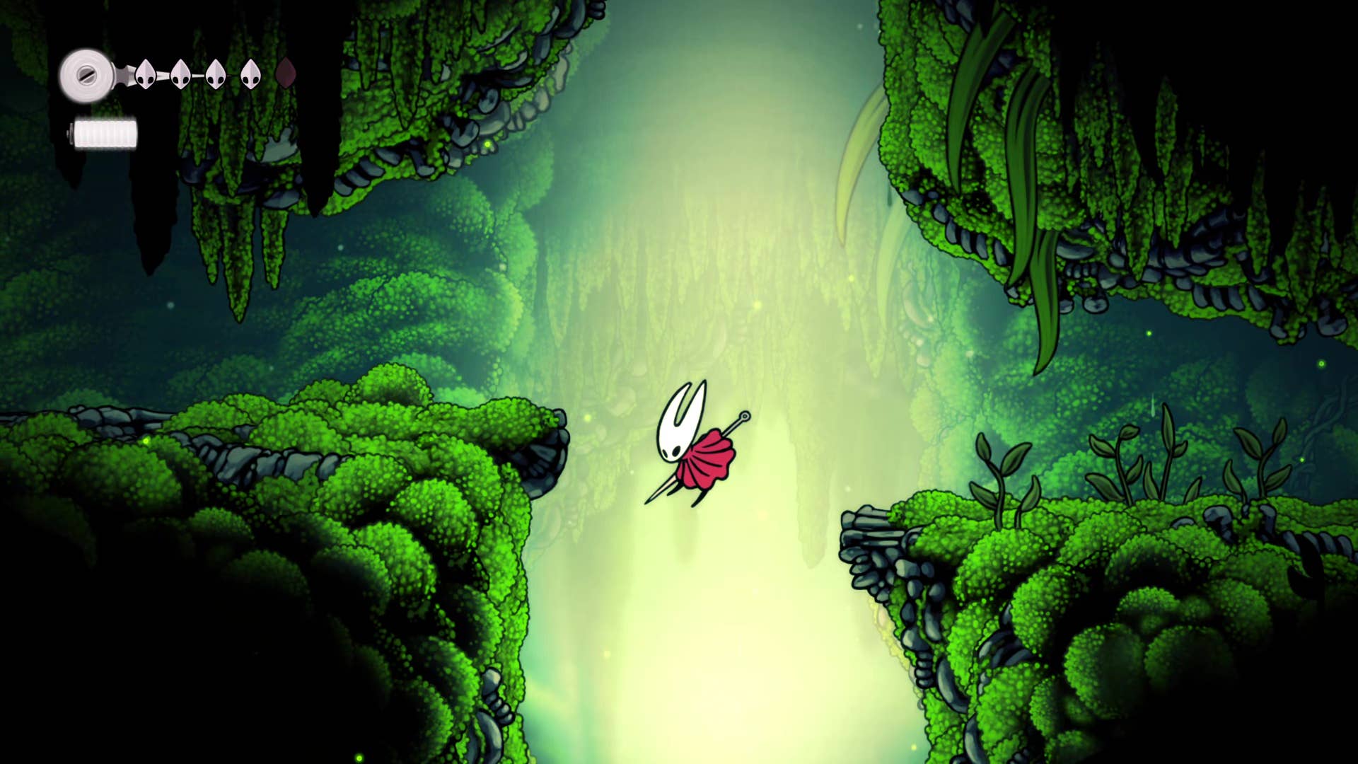 Screenshot of Hollow Knight: Silksong showing the path through the cave of Moss.