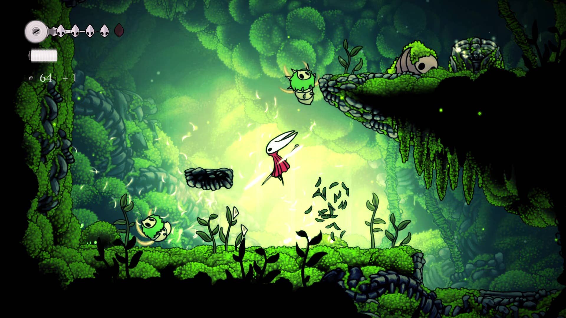 Screenshot of Hollow Knight: Silksong showing the path through the cave of Moss.
