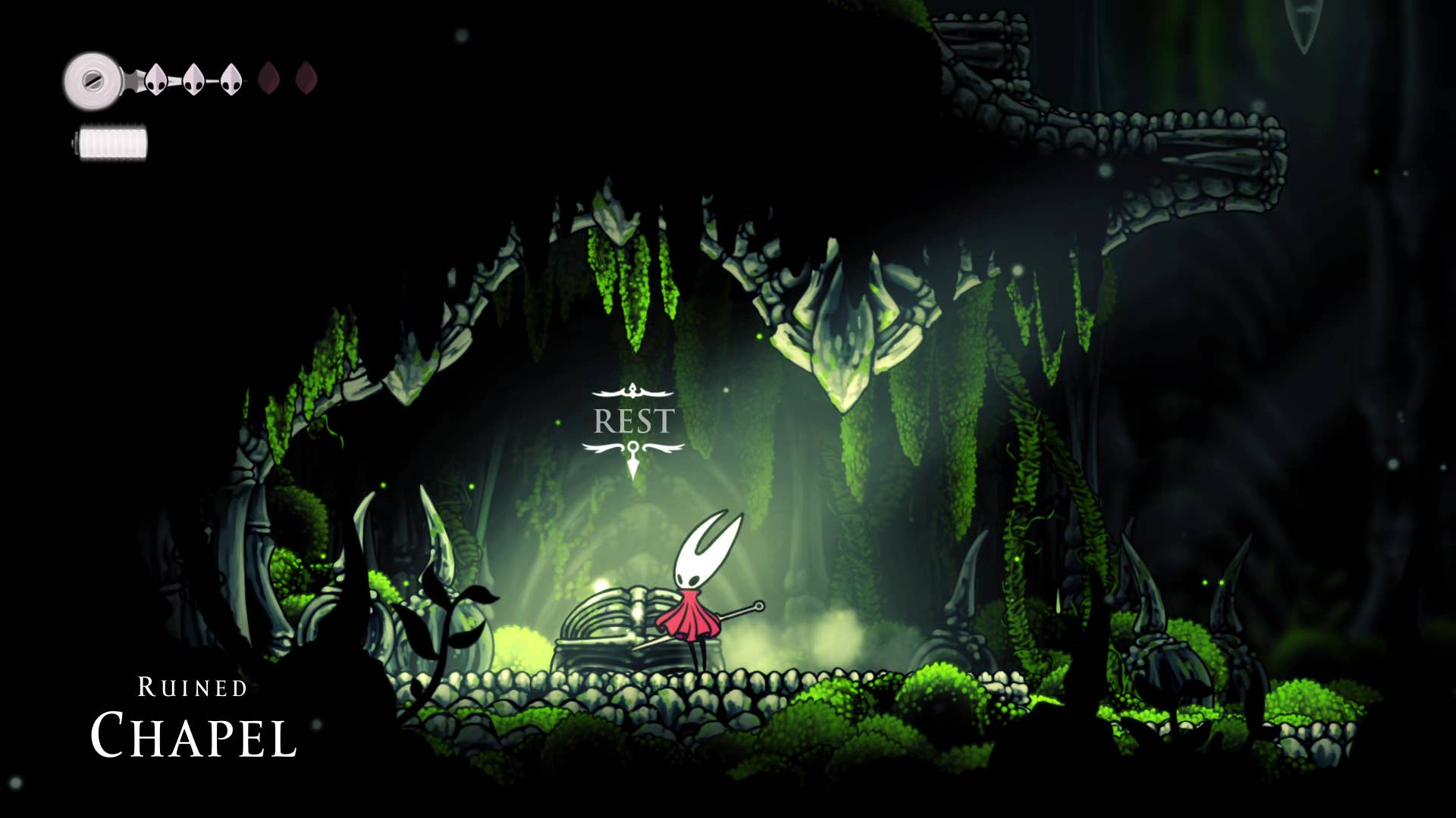 Screenshot of Hollow Knight: Silksong showing the path through the cave of Moss.