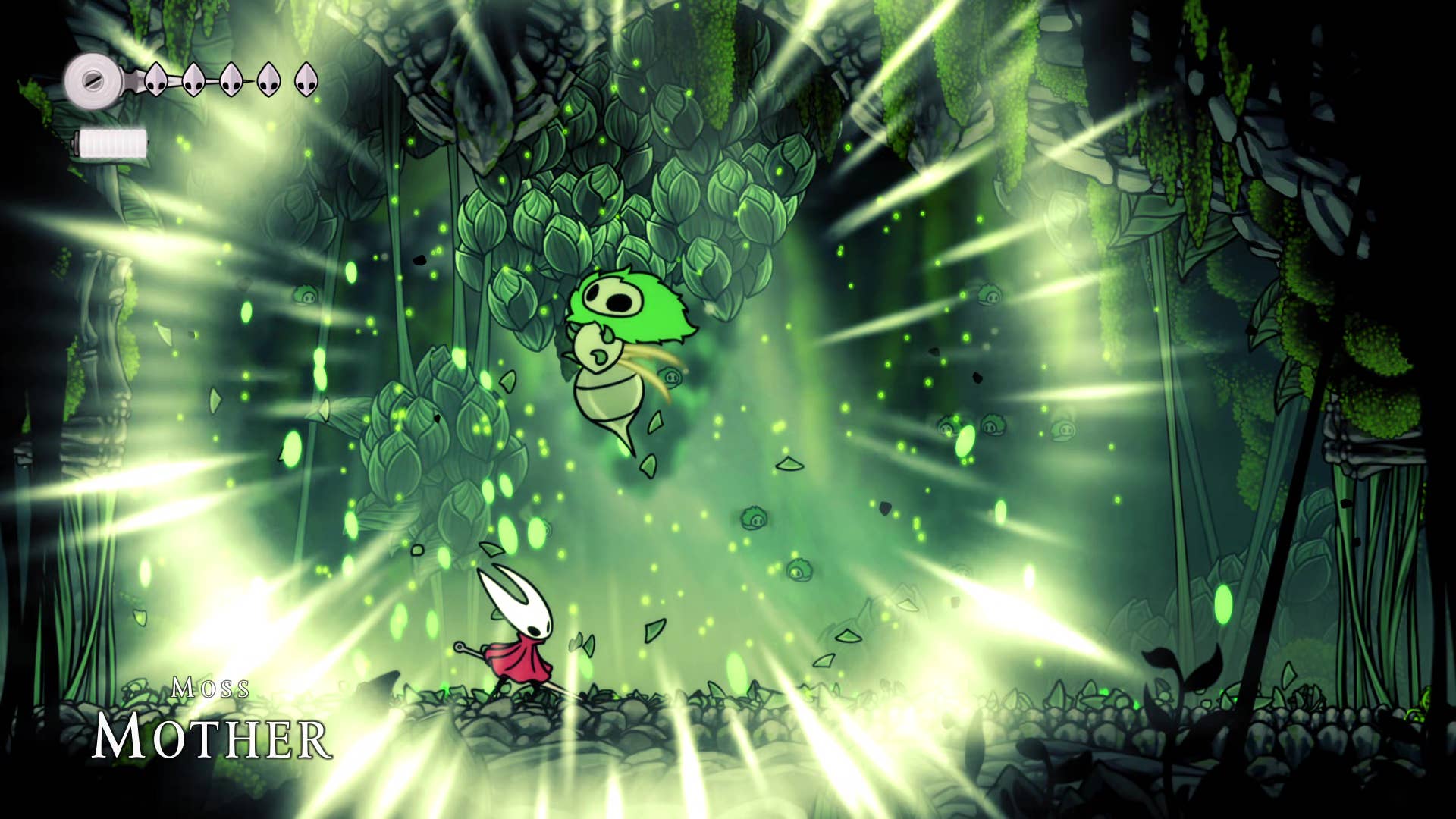 Screenshot of Hollow Knight: Silksong showing the path through the cave of Moss.