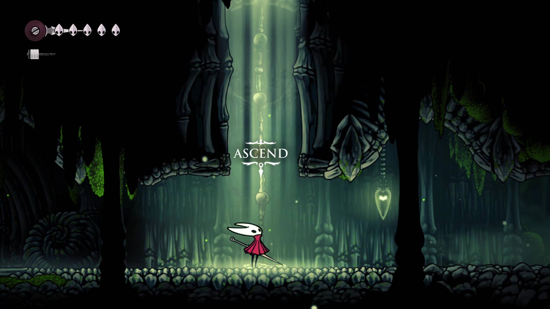 Screenshot of Hollow Knight: Silksong showing the path through the cave of Moss.