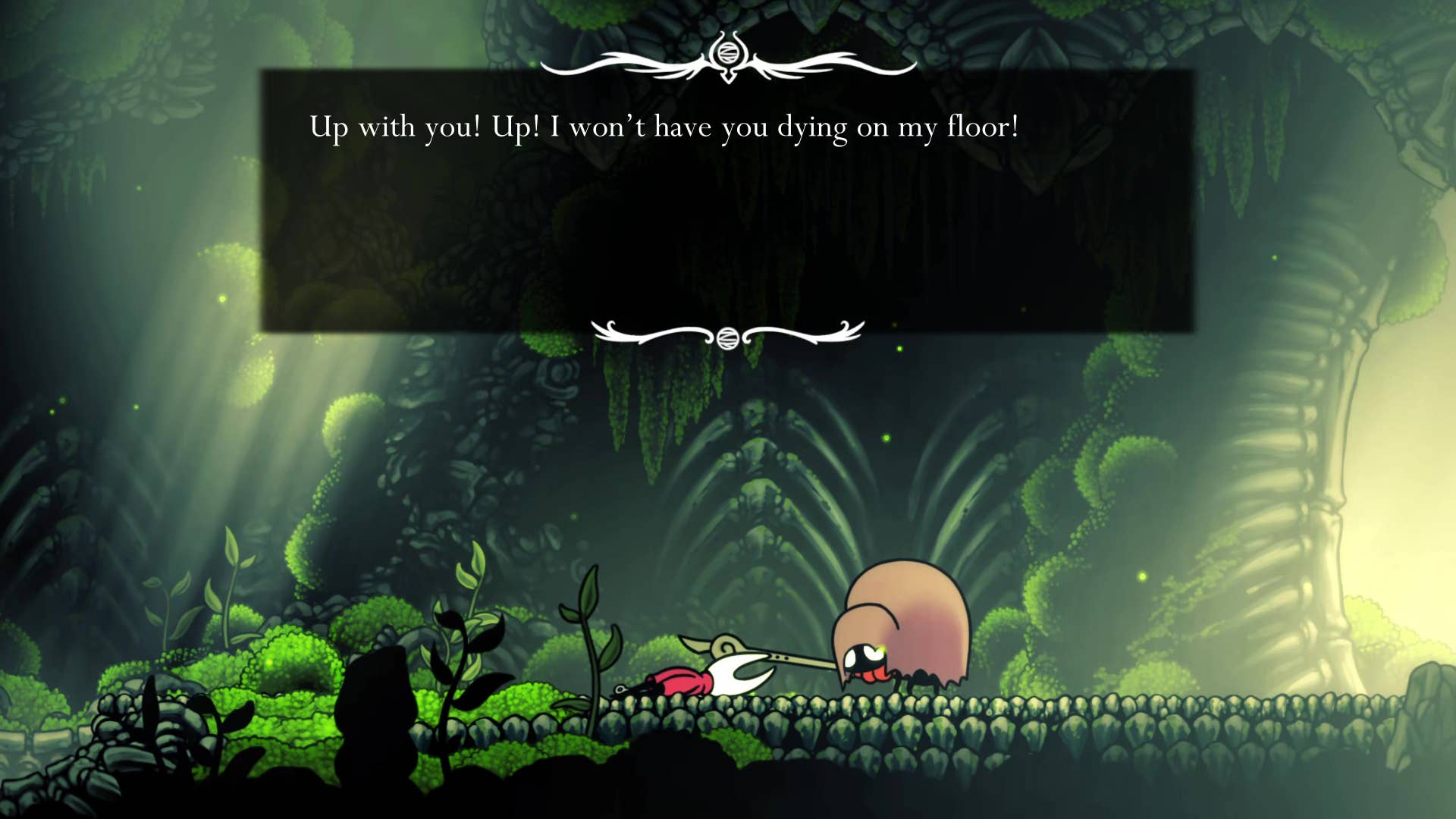 Screenshot of Hollow Knight: Silksong showing the path through the cave of Moss.