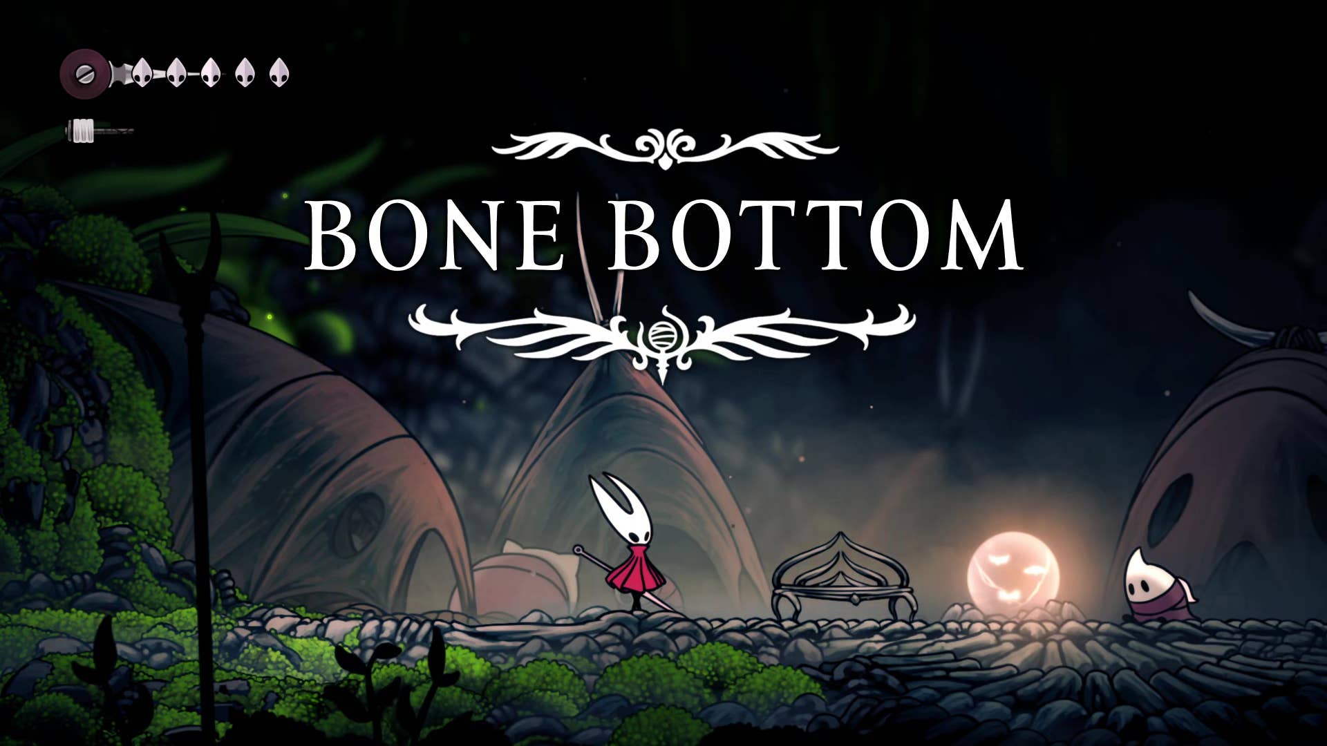 Screenshot of Hollow Knight: Silksong showing the path through the cave of Moss.