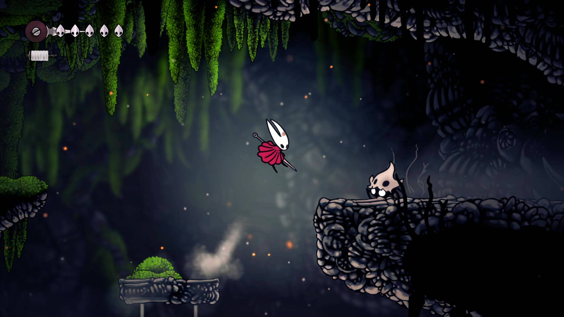 Screenshot of Hollow Knight: Silksong showing the path through Marrows and Mosshome.