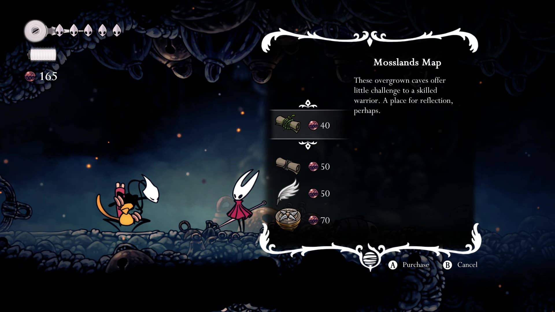 Screenshot of Hollow Knight: Silksong showing the path through Marrows and Mosshome.