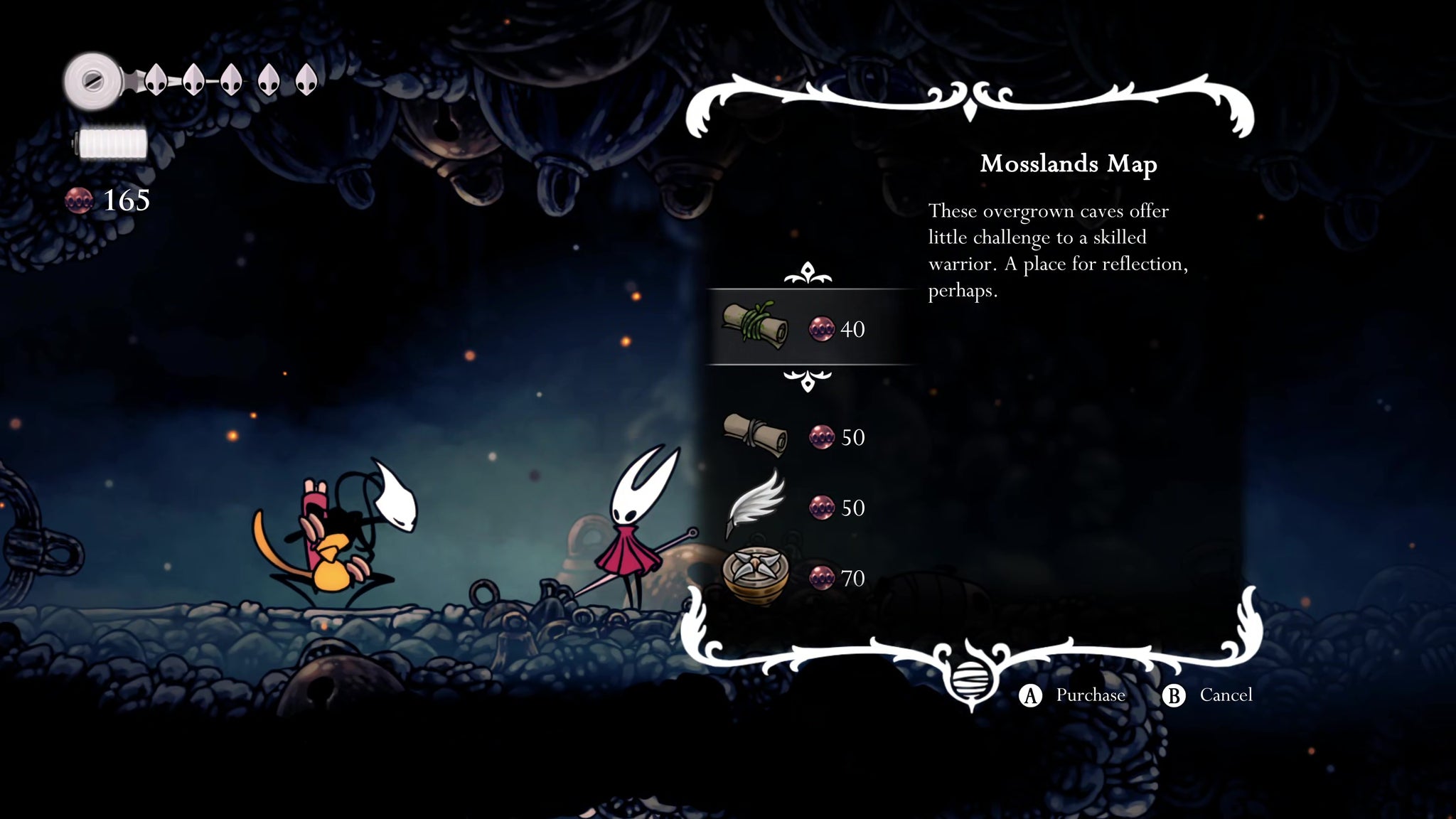 A screenshot of Hollow Knight: Silksong showing the path through The Marrows and Mosshome. - 20