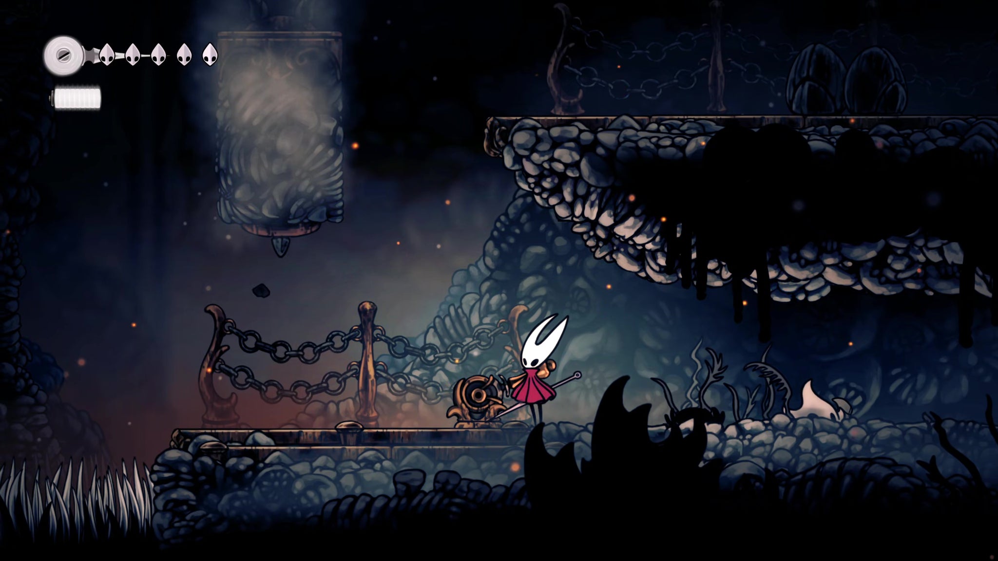 A screenshot of Hollow Knight: Silksong showing the path through The Marrows and Mosshome. - 18