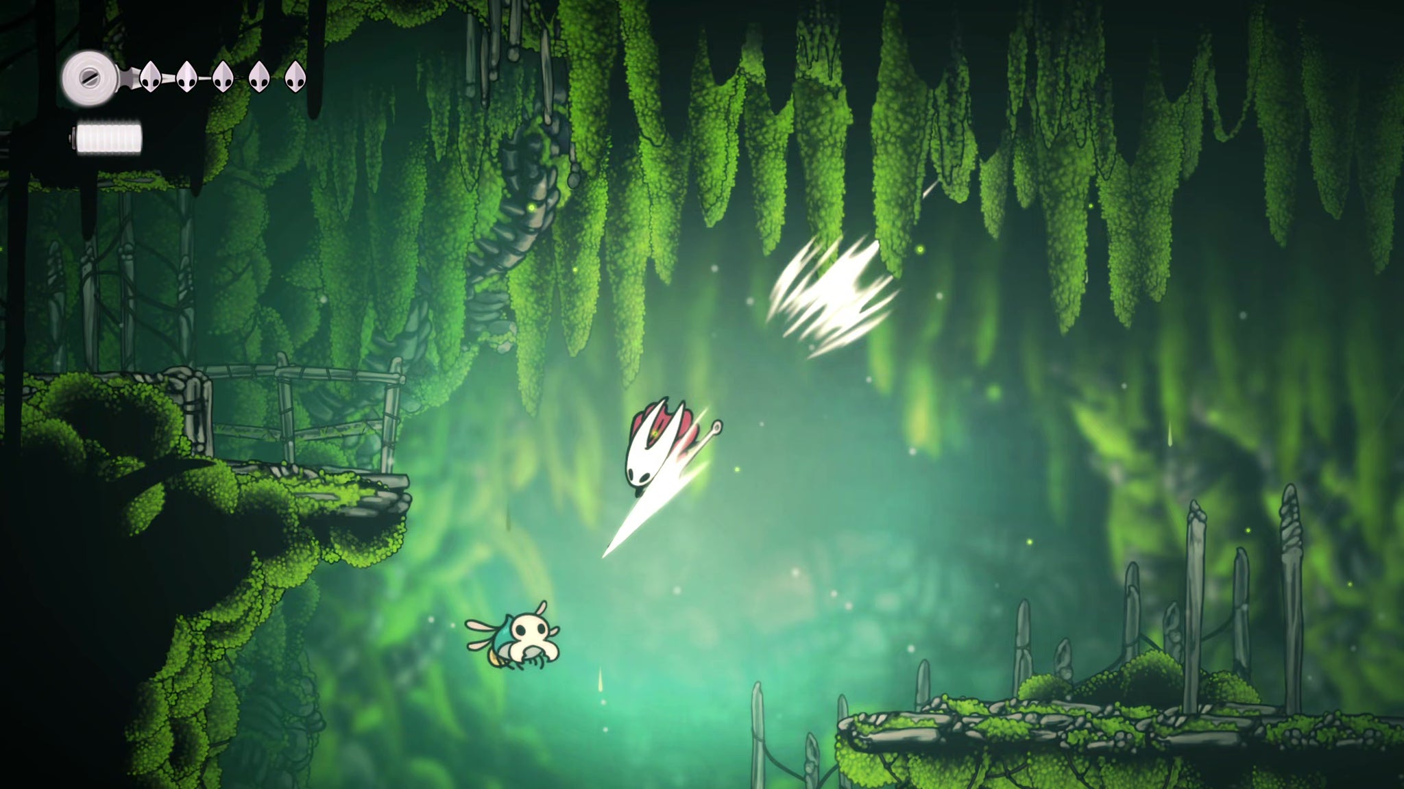 A screenshot of Hollow Knight: Silksong showing the path through The Marrows and Mosshome. - 23