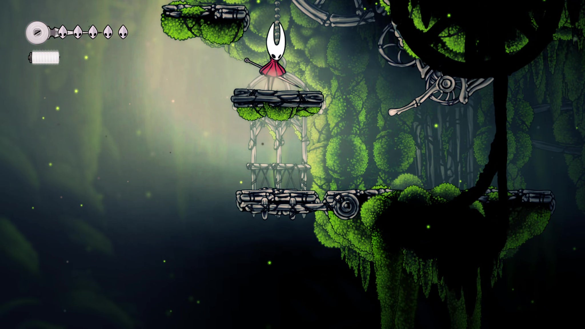 A screenshot of Hollow Knight: Silksong showing the path through The Marrows and Mosshome. - 24
