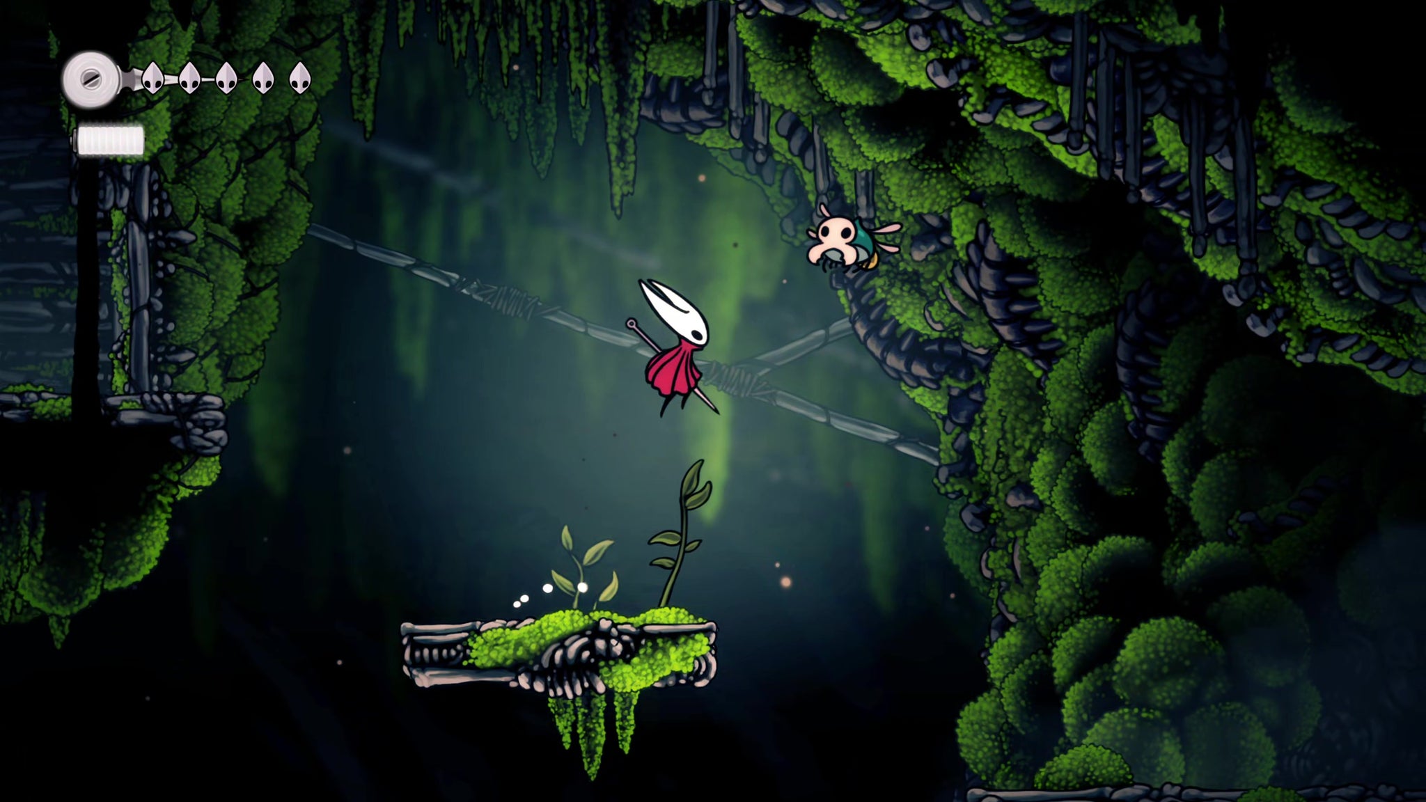 A screenshot of Hollow Knight: Silksong showing the path through The Marrows and Mosshome. - 25