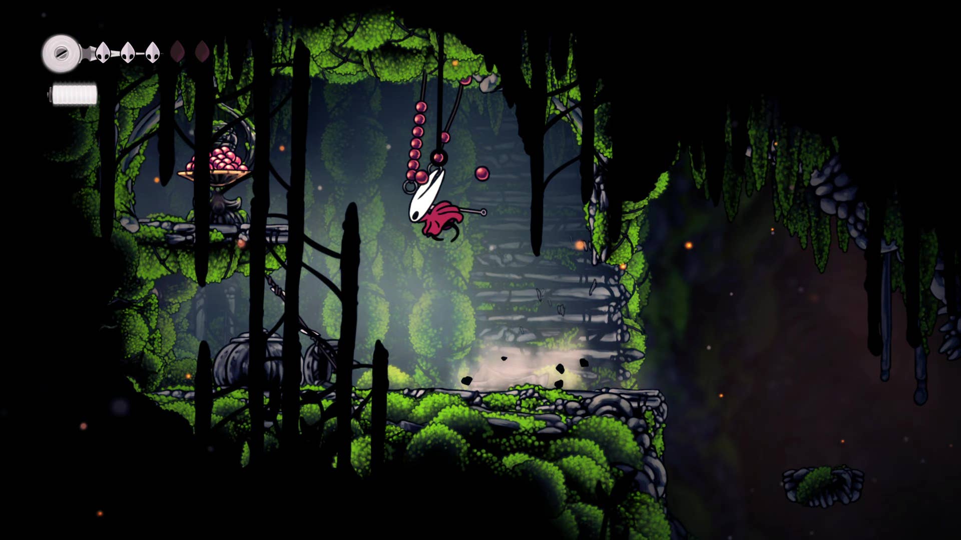 Screenshot of Hollow Knight: Silksong showing the path through Marrows and Mosshome.