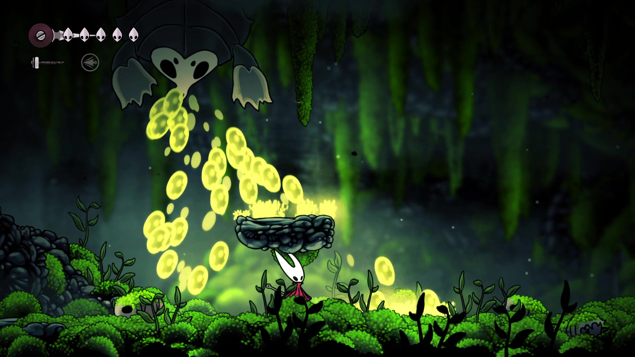 A screenshot of Hollow Knight: Silksong showing the path through to the Chapel Of The Wanderer. - 12