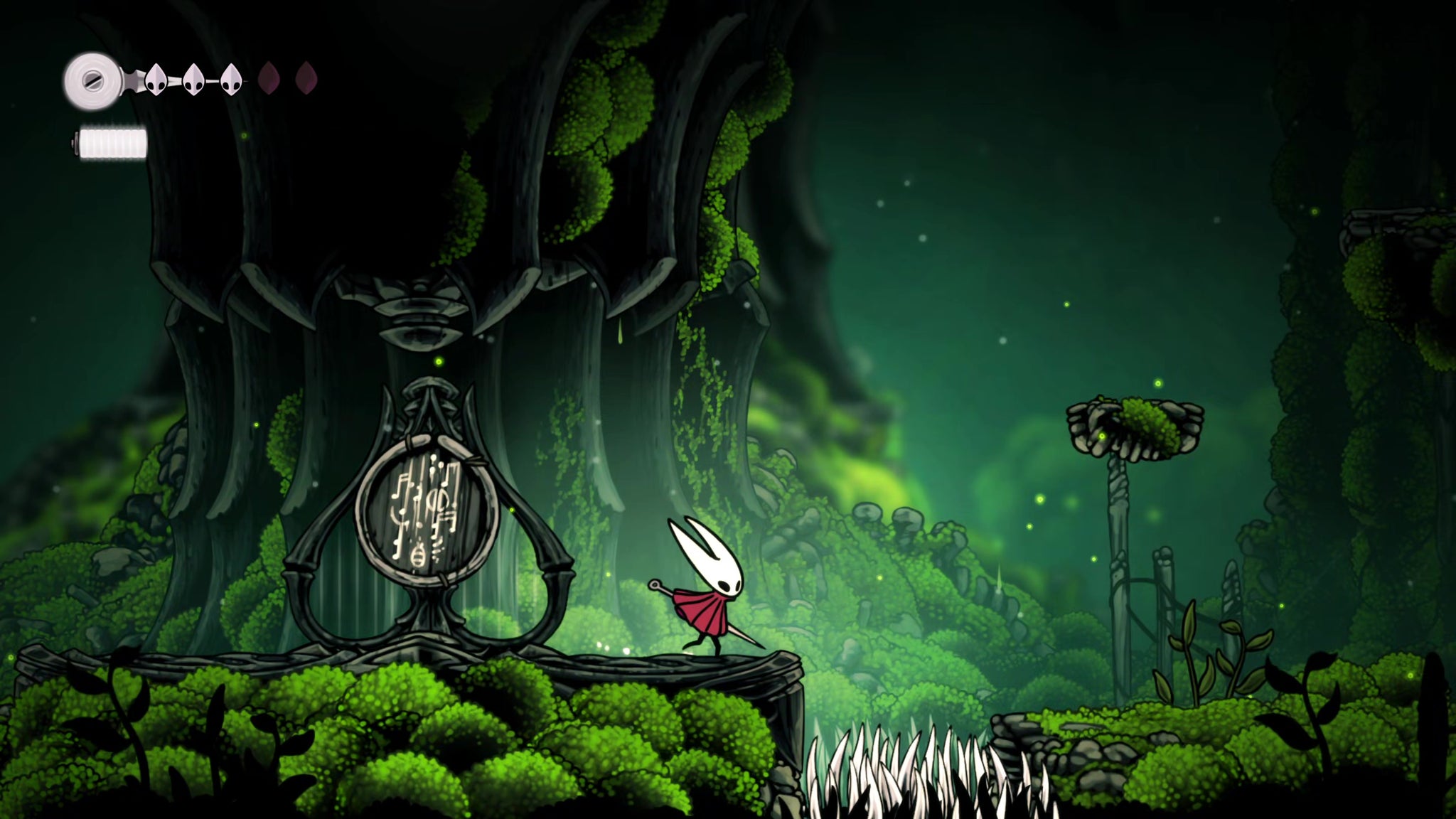 A screenshot of Hollow Knight: Silksong showing the path through The Marrows and Mosshome. - 33