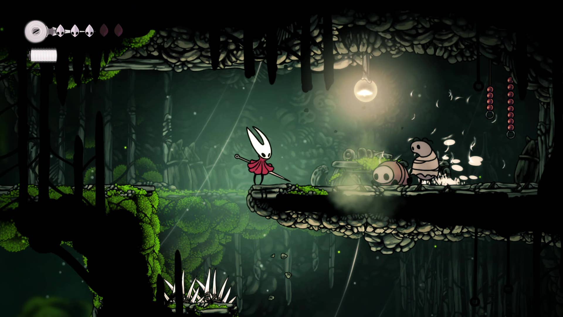 Screenshot of Hollow Knight: Silksong showing the path through Marrows and Mosshome.
