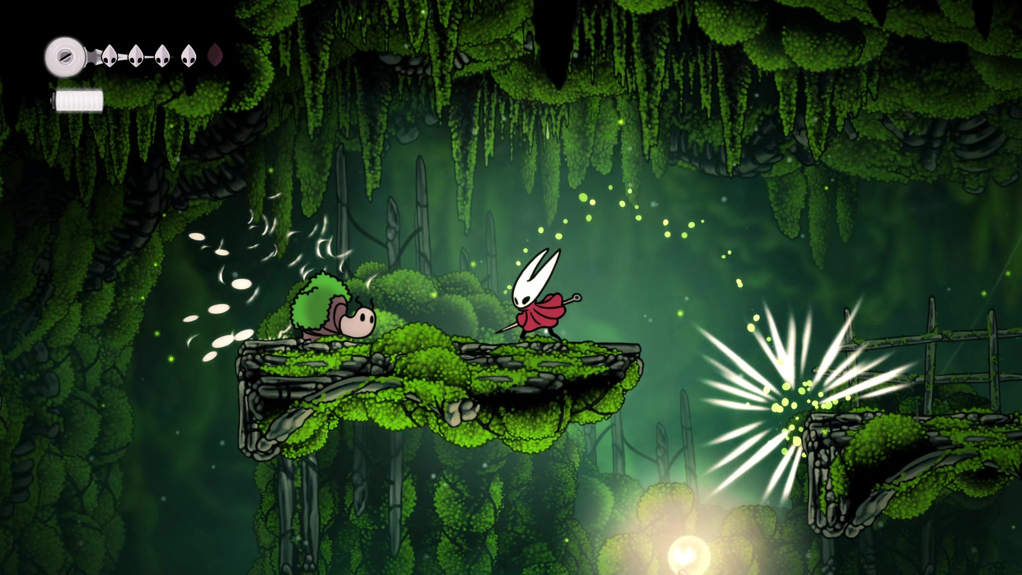 A screenshot of Hollow Knight: Silksong showing the path through The Marrows and Mosshome. - 29