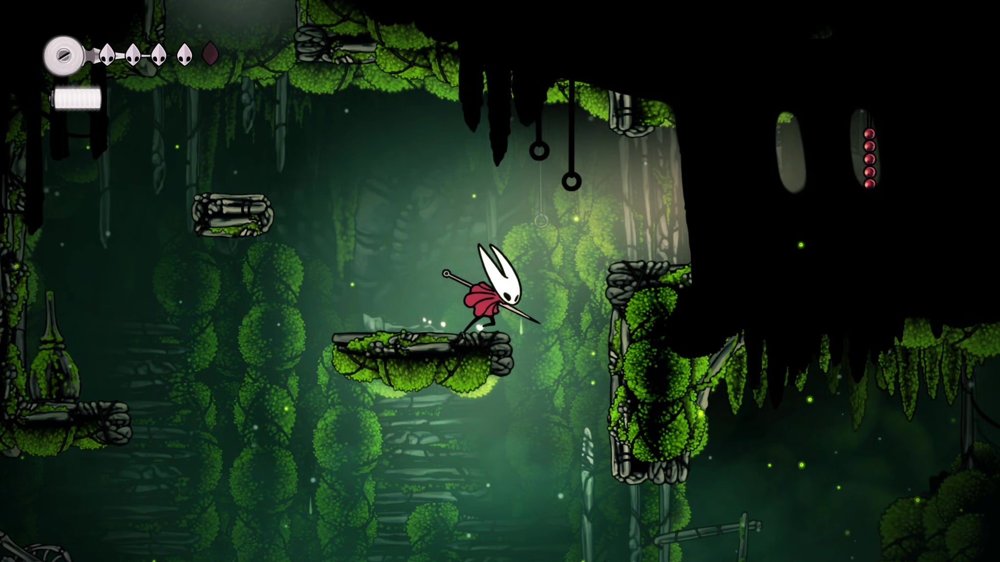 A screenshot of Hollow Knight: Silksong showing the path through The Marrows and Mosshome. - 31
