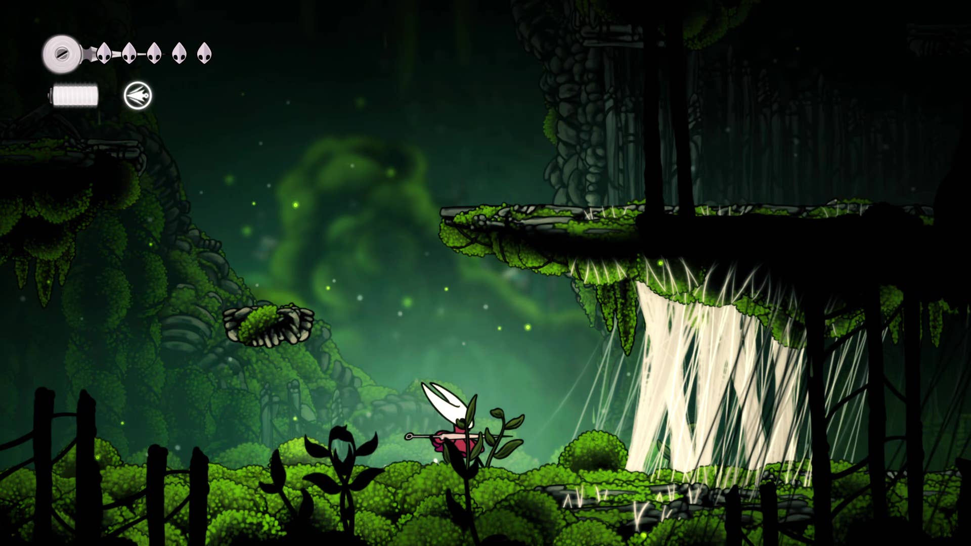 Hollownight screenshot: Silkson showing the path through the east side of the bone marrow.