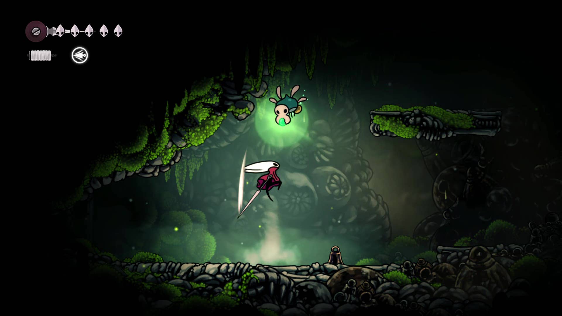 Hollownight screenshot: Silkson showing the path through the east side of the bone marrow.