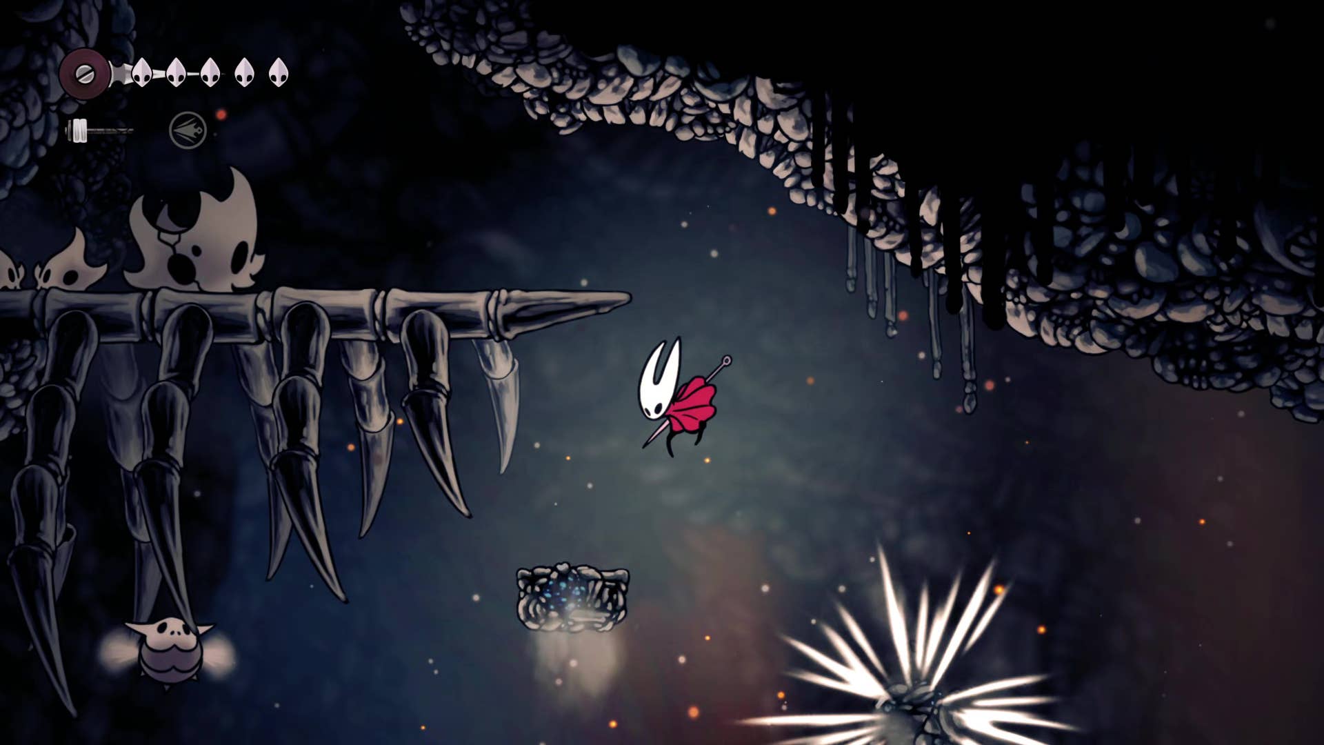 Hollownight screenshot: Silkson showing the path through the east side of the bone marrow.