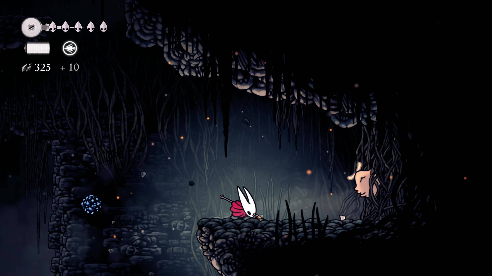 Hollownight screenshot: Silkson showing the path through the east side of the bone marrow.