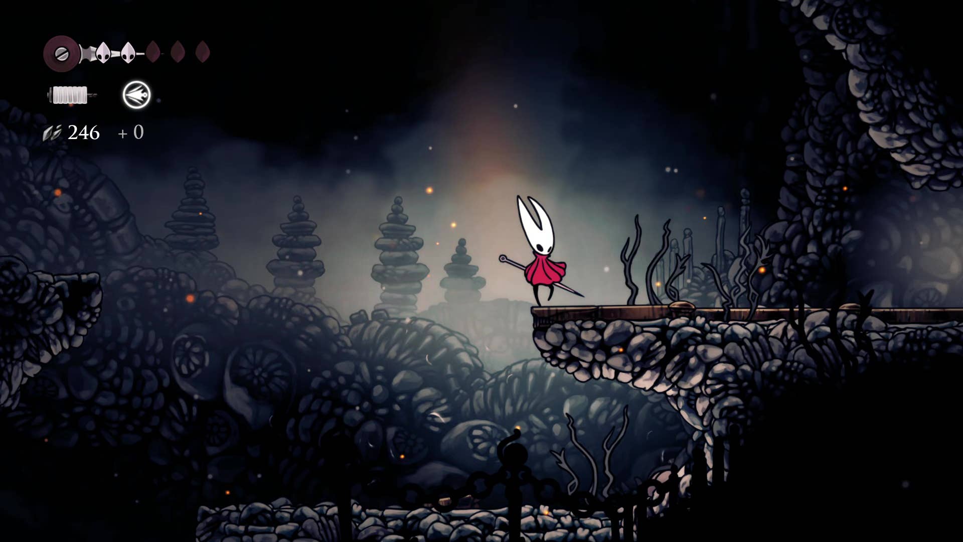 Hollownight screenshot: Silkson showing the path through the east side of the bone marrow.