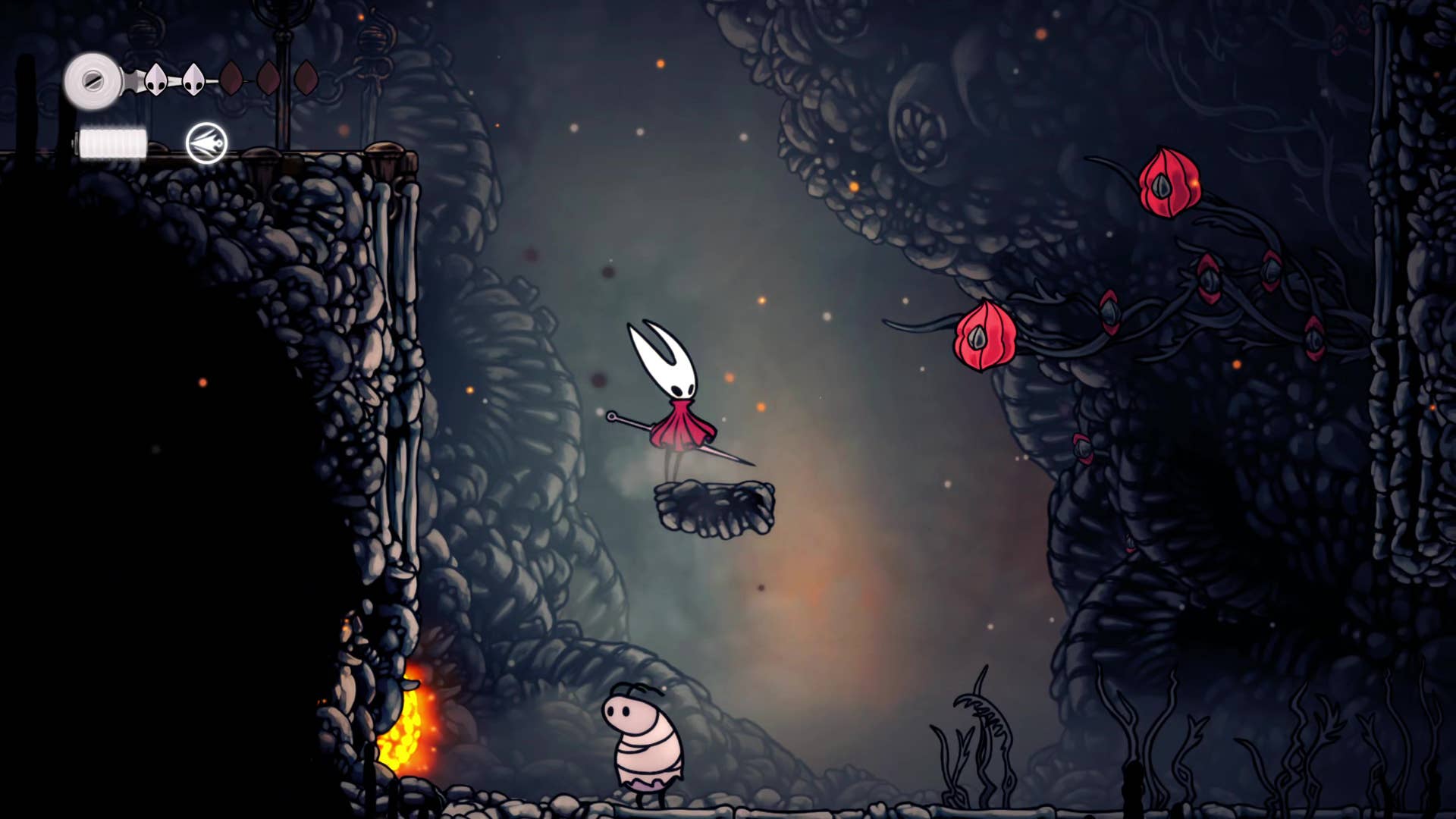 Hollownight screenshot: Silkson showing the path through the east side of the bone marrow.