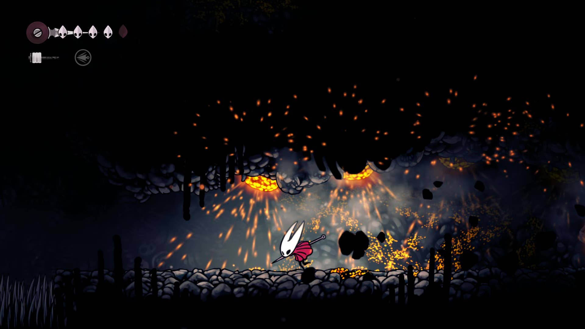 Hollownight screenshot: Silkson showing the path through the east side of the bone marrow.