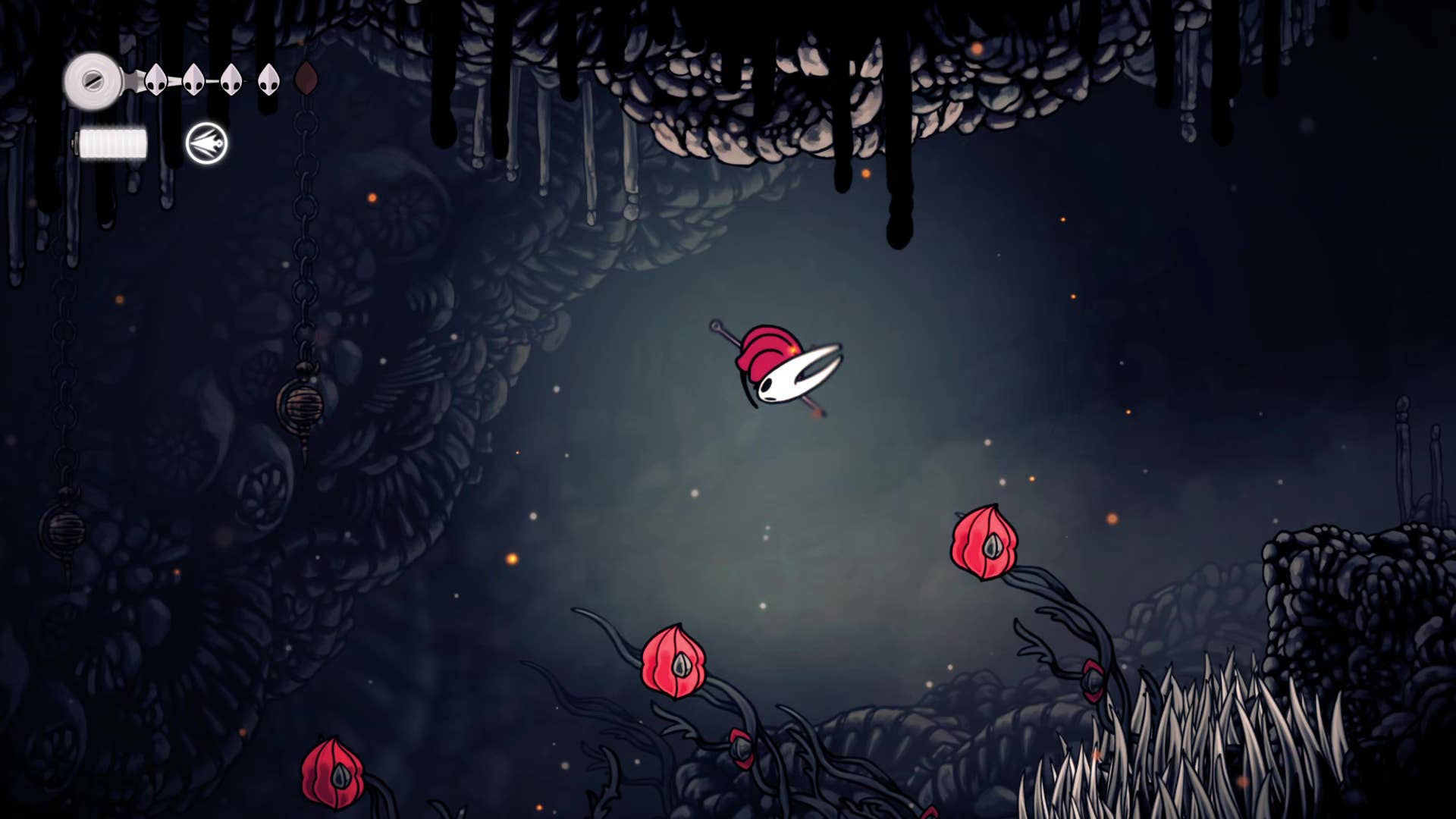 Hollownight screenshot: Silkson showing the path through the east side of the bone marrow.