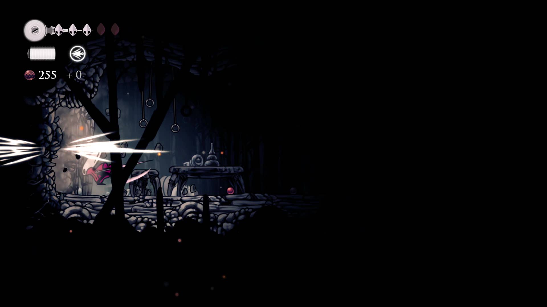 Hollownight screenshot: Silkson showing the path through the east side of the bone marrow.