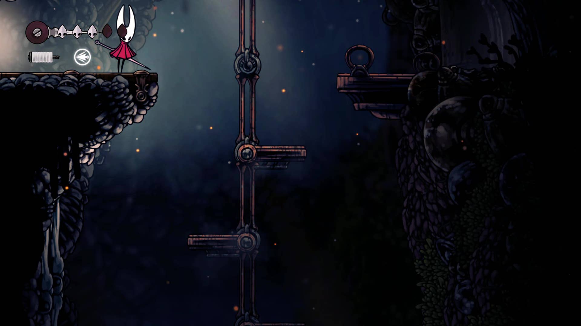 Hollownight screenshot: Silkson showing the path through the east side of the bone marrow.