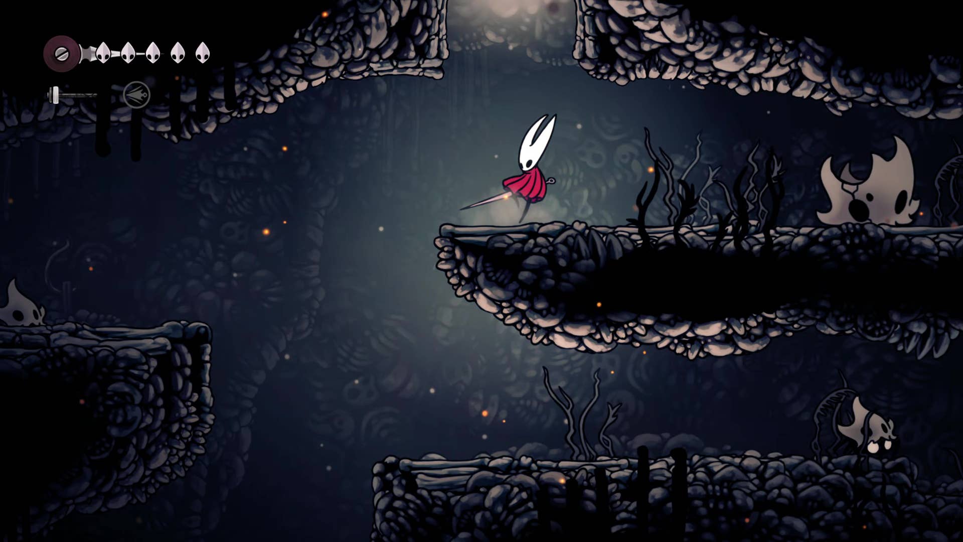 Hollownight screenshot: Silkson showing the path through the east side of the bone marrow.