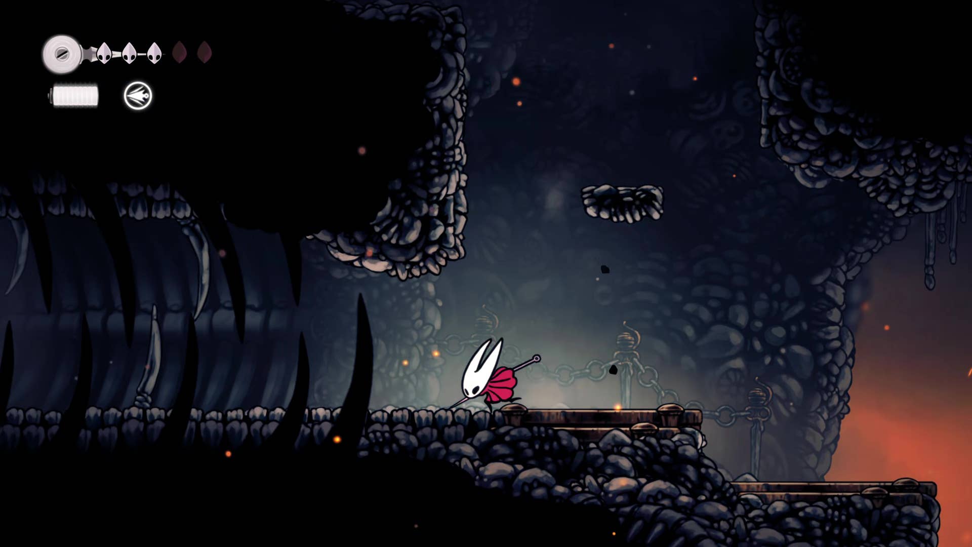 Hollownight screenshot: Silkson showing the path through the east side of the bone marrow.