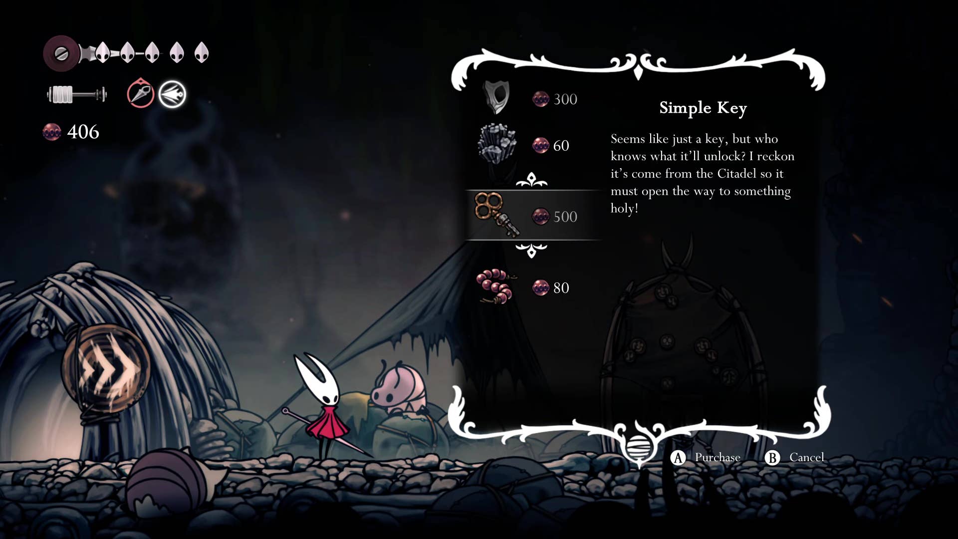 Hollow Knight screenshot: Silkson shows his way into the Wanderer's Chapel.