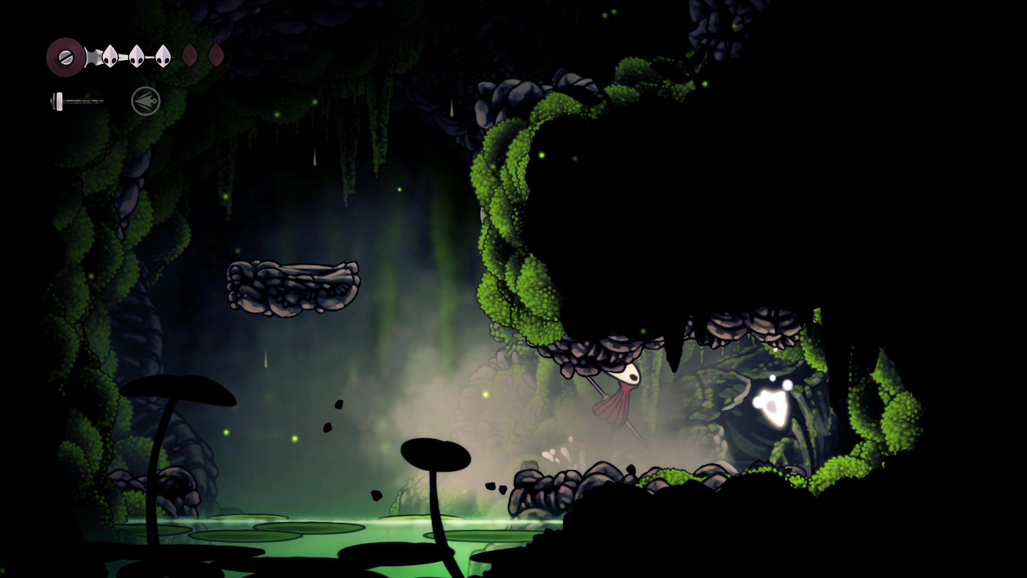 A screenshot of Hollow Knight: Silksong showing the path through to the Chapel Of The Wanderer. - 15