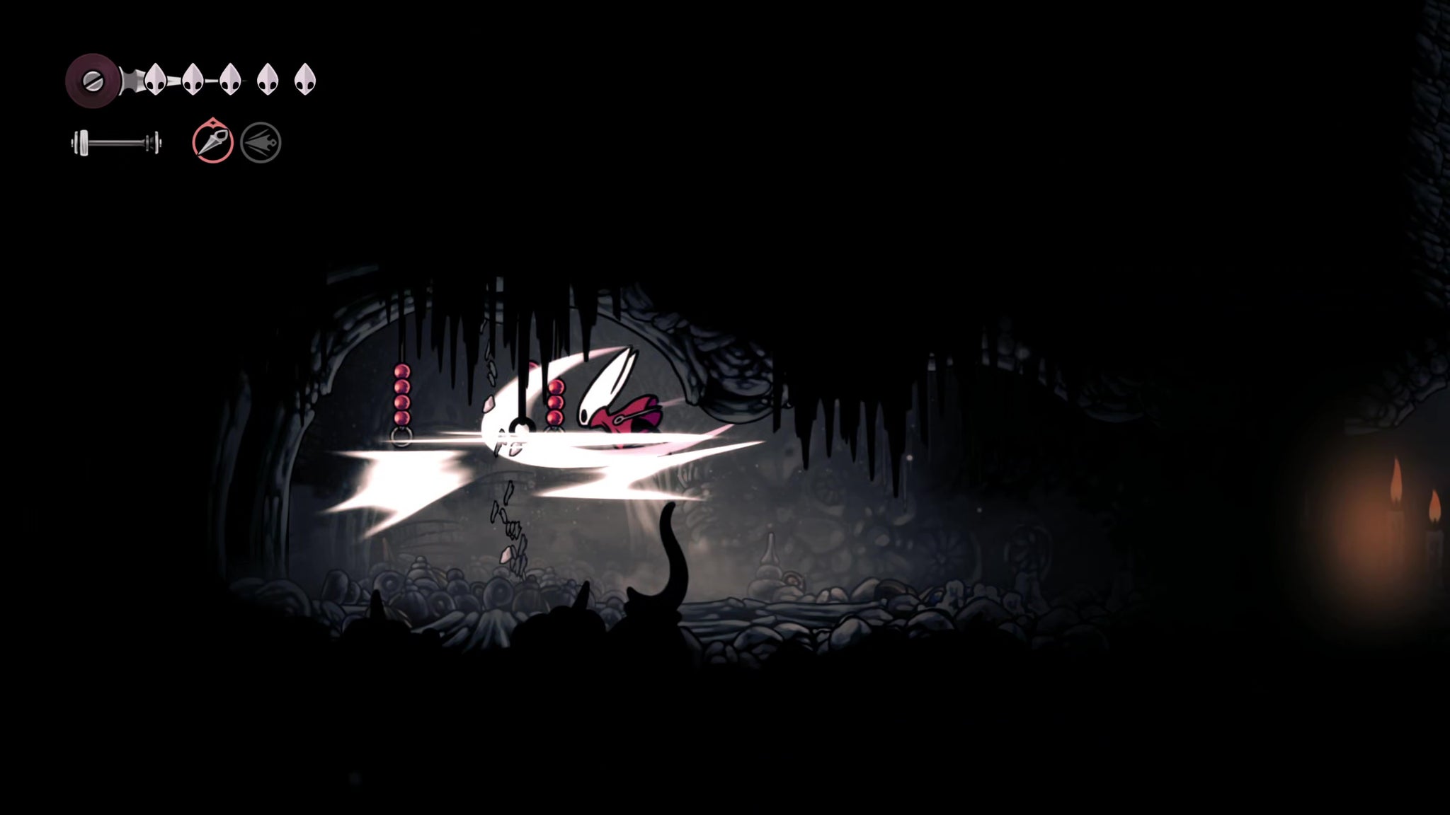 A screenshot of Hollow Knight: Silksong showing the path through to the Chapel Of The Wanderer. - 21