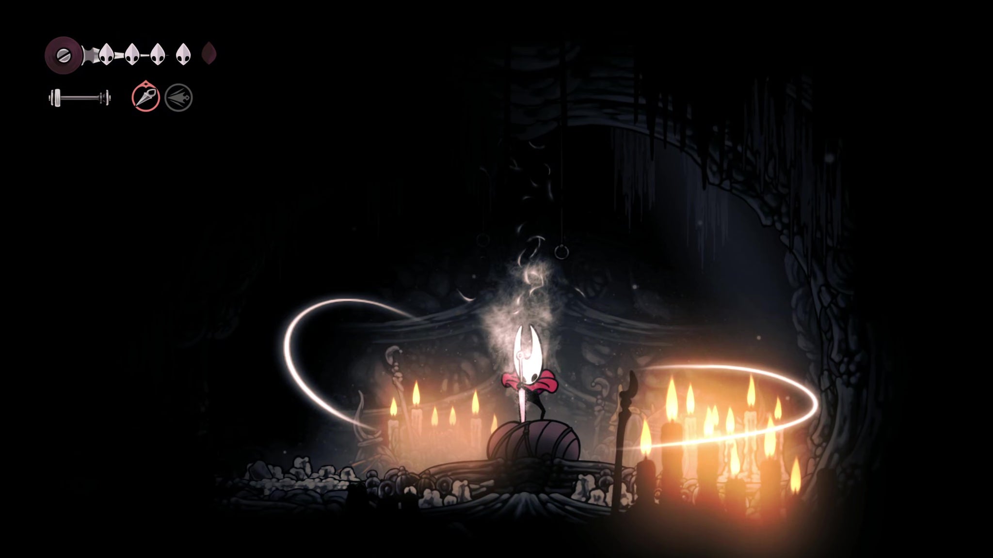 A screenshot of Hollow Knight: Silksong showing the path through to the Chapel Of The Wanderer. - 23