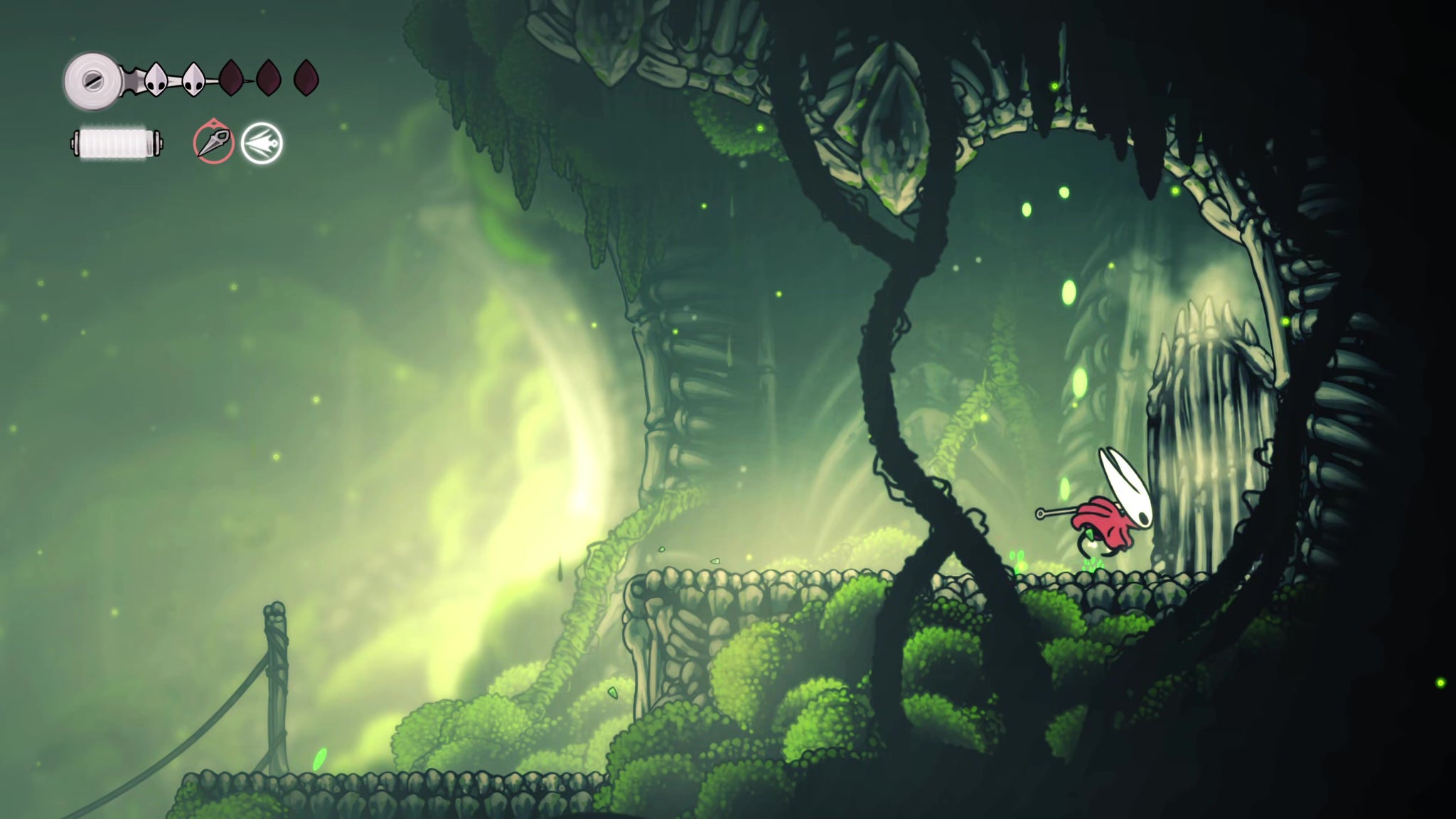 A screenshot of Hollow Knight: Silksong showing the path through to the Chapel Of The Wanderer. - 25