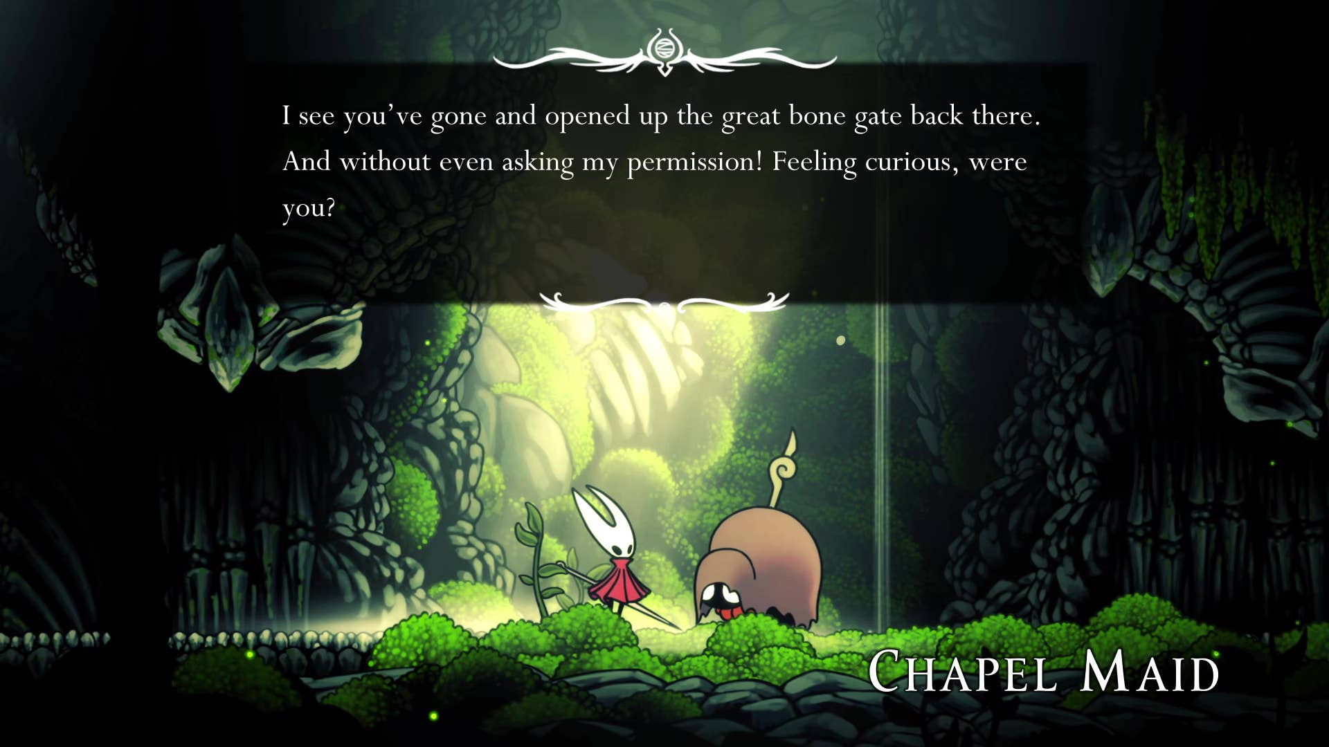 Hollow Knight screenshot: Silkson shows his way into the Wanderer's Chapel.