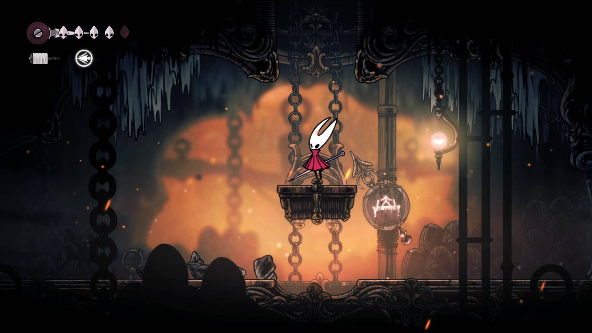 Hollow Knight screenshot: Silksong shows the path through a deep dock.