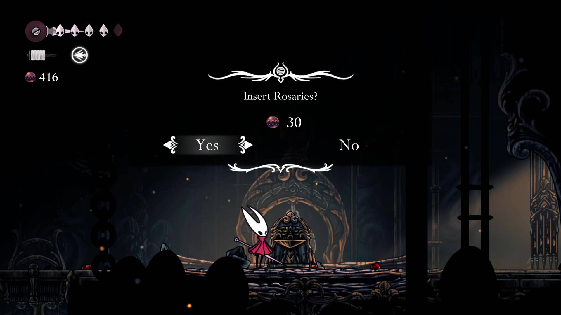Hollow Knight screenshot: Silksong shows the path through a deep dock.