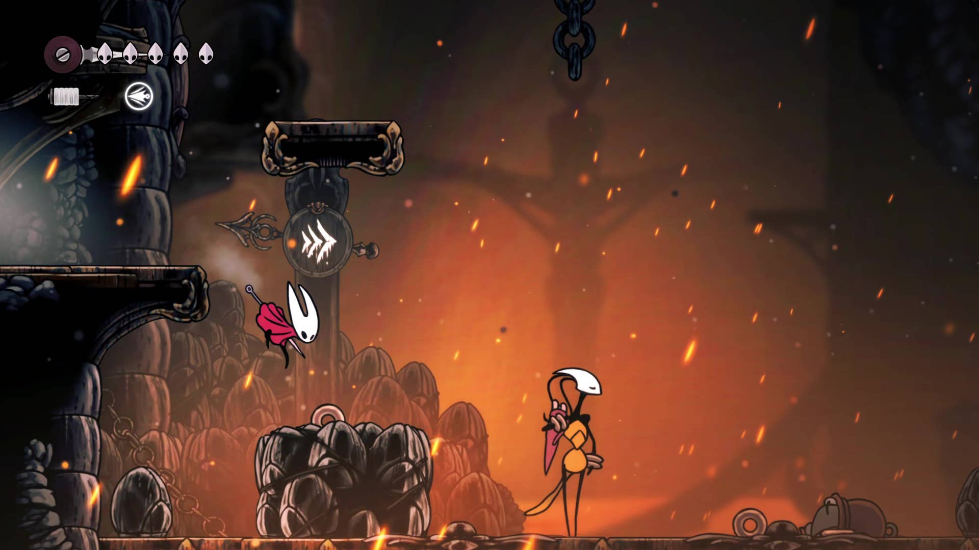 Hollow Knight screenshot: Silksong shows the path through a deep dock.