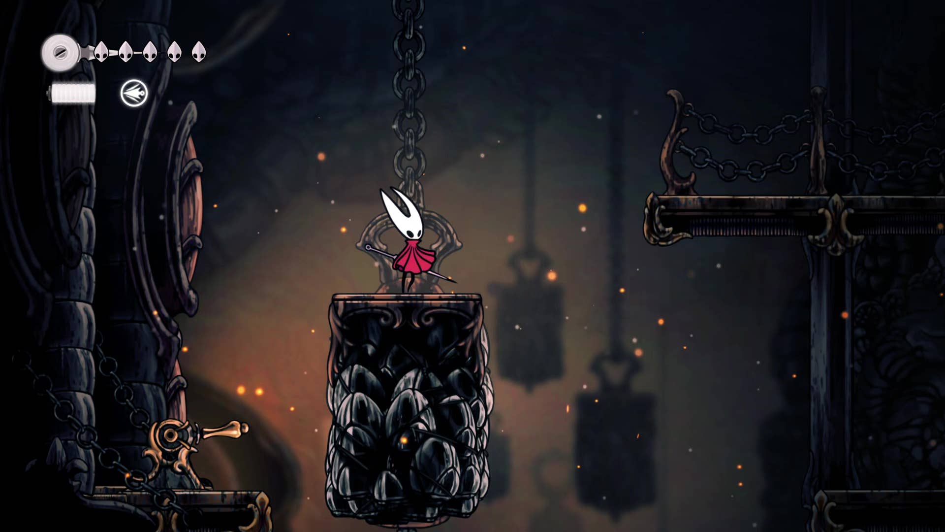 Hollow Knight screenshot: Silksong shows the path through a deep dock.