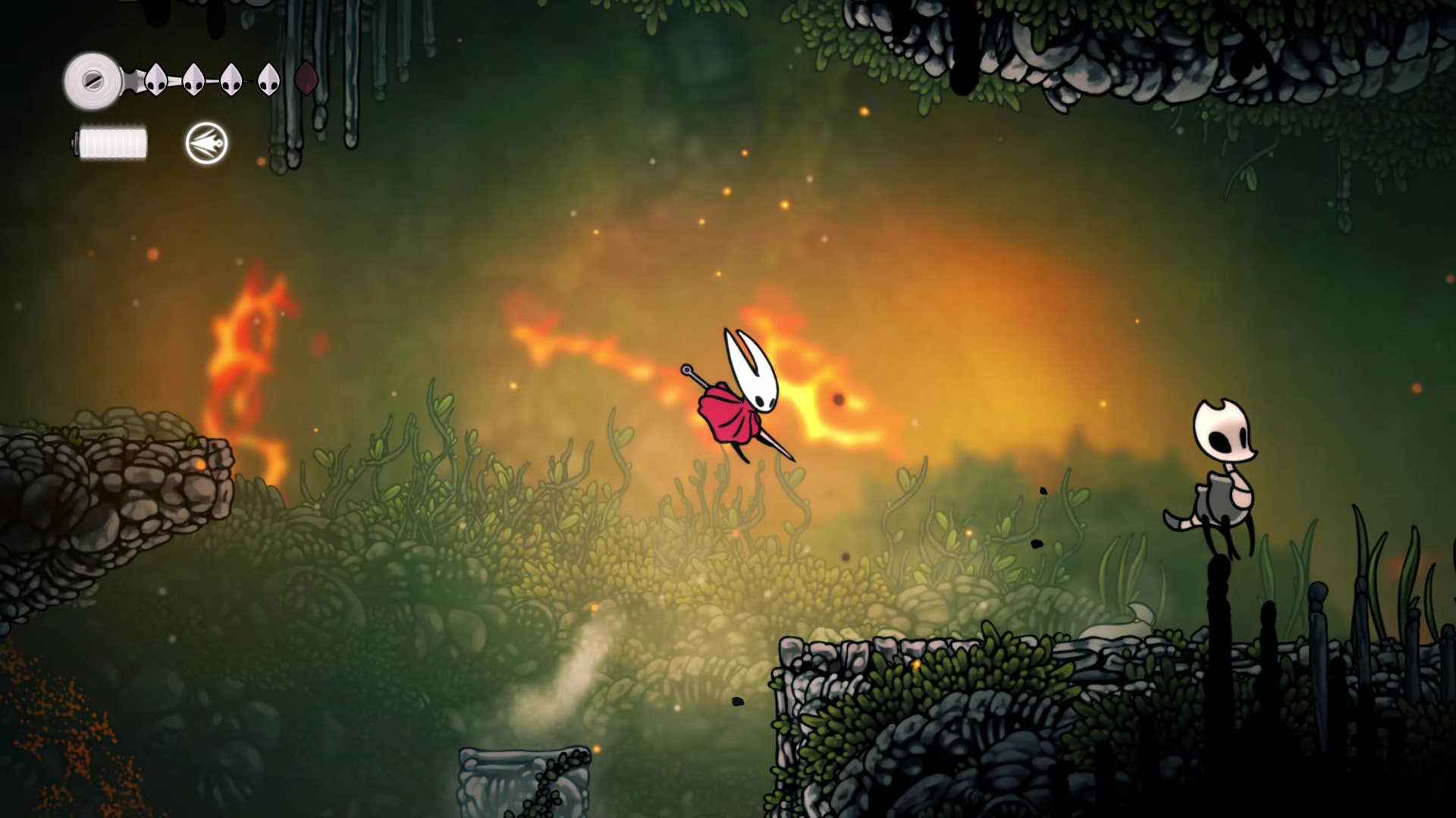 Hollow Knight screenshot: Silksong shows the path through a deep dock.