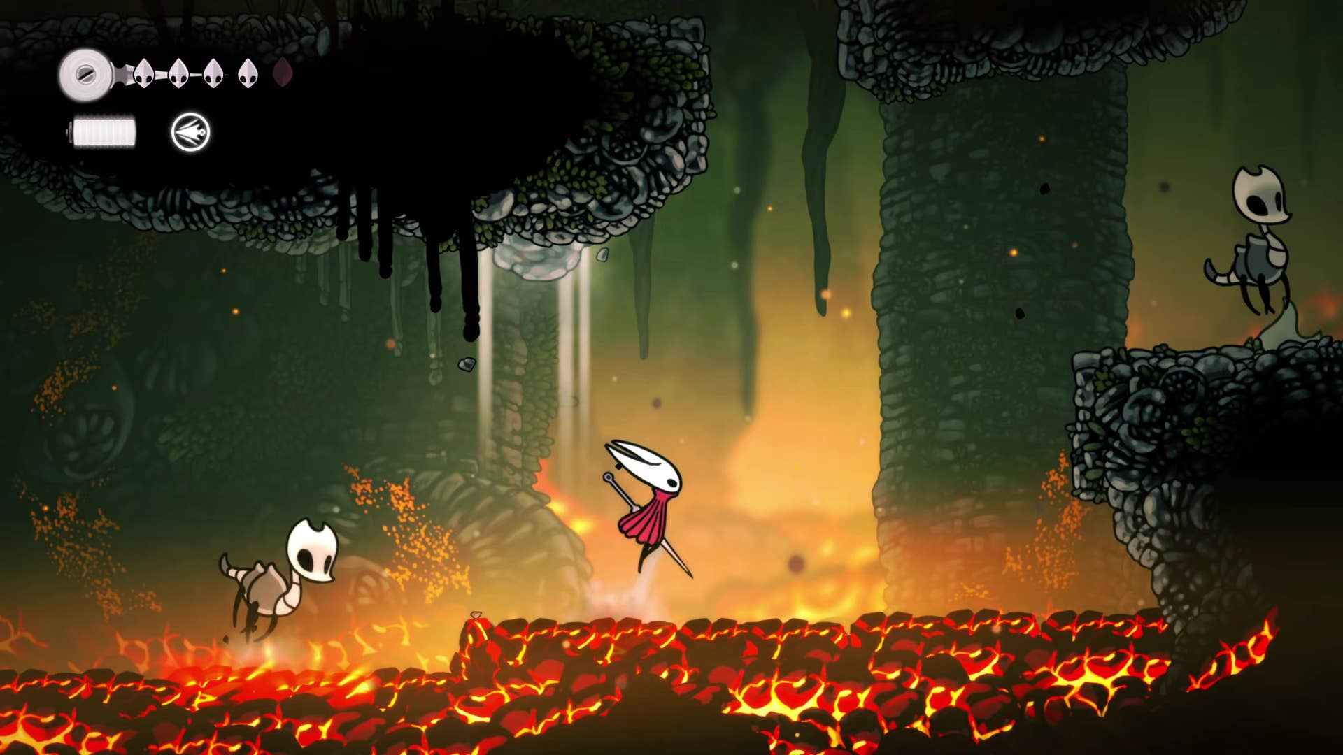 Hollow Knight screenshot: Silksong shows the path through a deep dock.
