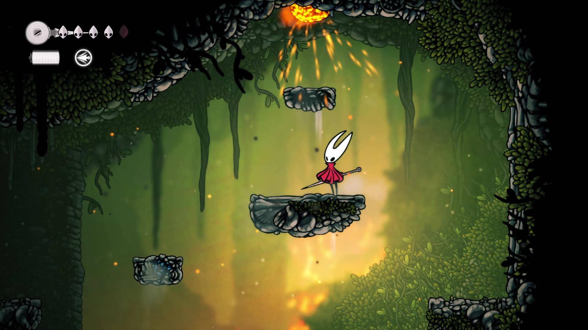 Hollow Knight screenshot: Silksong shows the path through a deep dock.