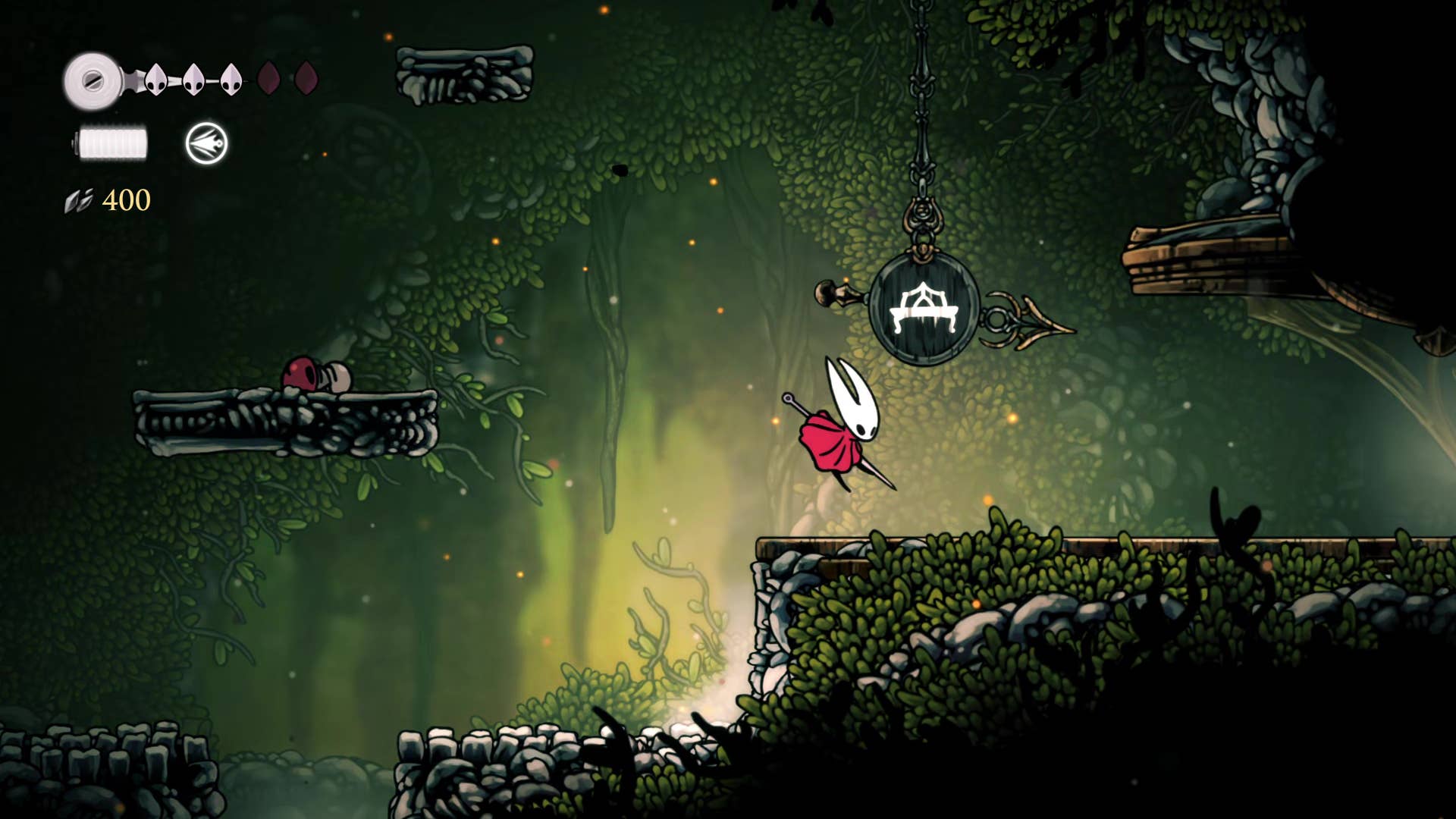 Hollow Knight screenshot: Silksong shows the path through a deep dock.